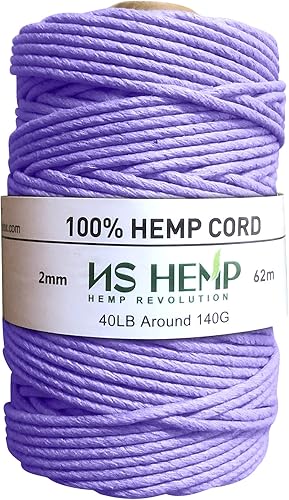 NS HEMP Cordón de cáñamo 100% de 0.079 in, 205 pies, cuerda de cáñamo de 0.079 in (06# lavanda)