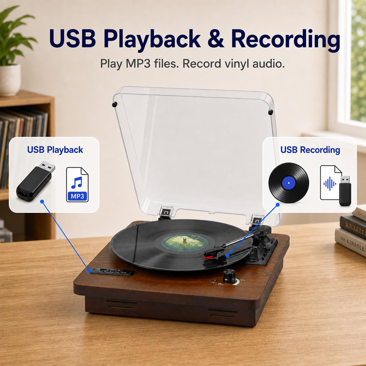 Platine Vinyle Bluetooth émetteur et récepteur, Enregistrement USB/SD, Radio AM/FM, Haut-parleurs intégrés, 33/45/78 TR/Min, entrée AUX, Sortie RCA, Prise Casque, arrêt Automatique