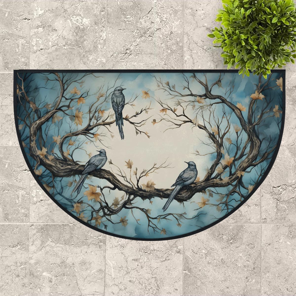 Mexpekil Paillasson demi-rond antidérapant lavable en demi-lune avec motif de branches d'arbre et d'oiseaux, pour intérieur et extérieur, 100 x 160 cm