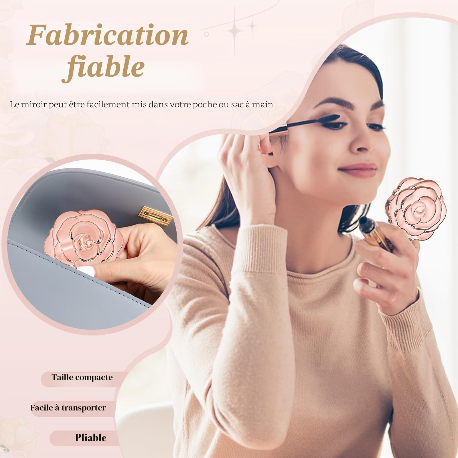 Lot de 30 miroirs compacts en forme de rose pour invités - Avec étiquette de remerciement et sac en organza (or rose)