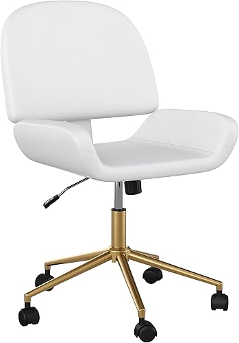 Martha Stewart Tyla Silla giratoria sin brazos para oficina en casa en piel sintética blanca con marco de latón pulido