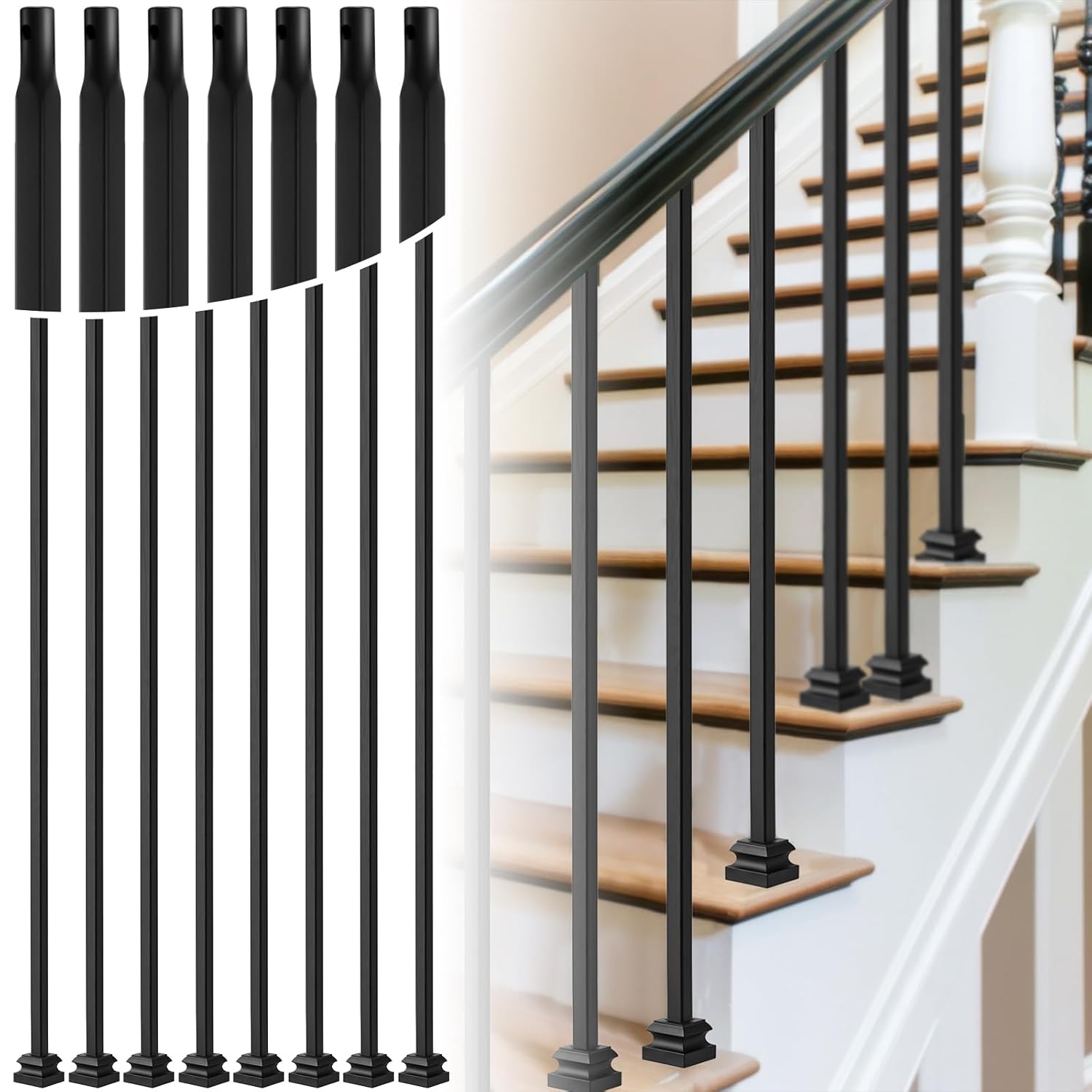 Therwen 40 Sets Wrought Iron Balusters with Flat Shoes, Hollow Square Iron Balusters & Metal Flat Shoes Set for Staircase Interior Decorative Stair Deck Railing 1/2-inch Satin Black Deck Spindles