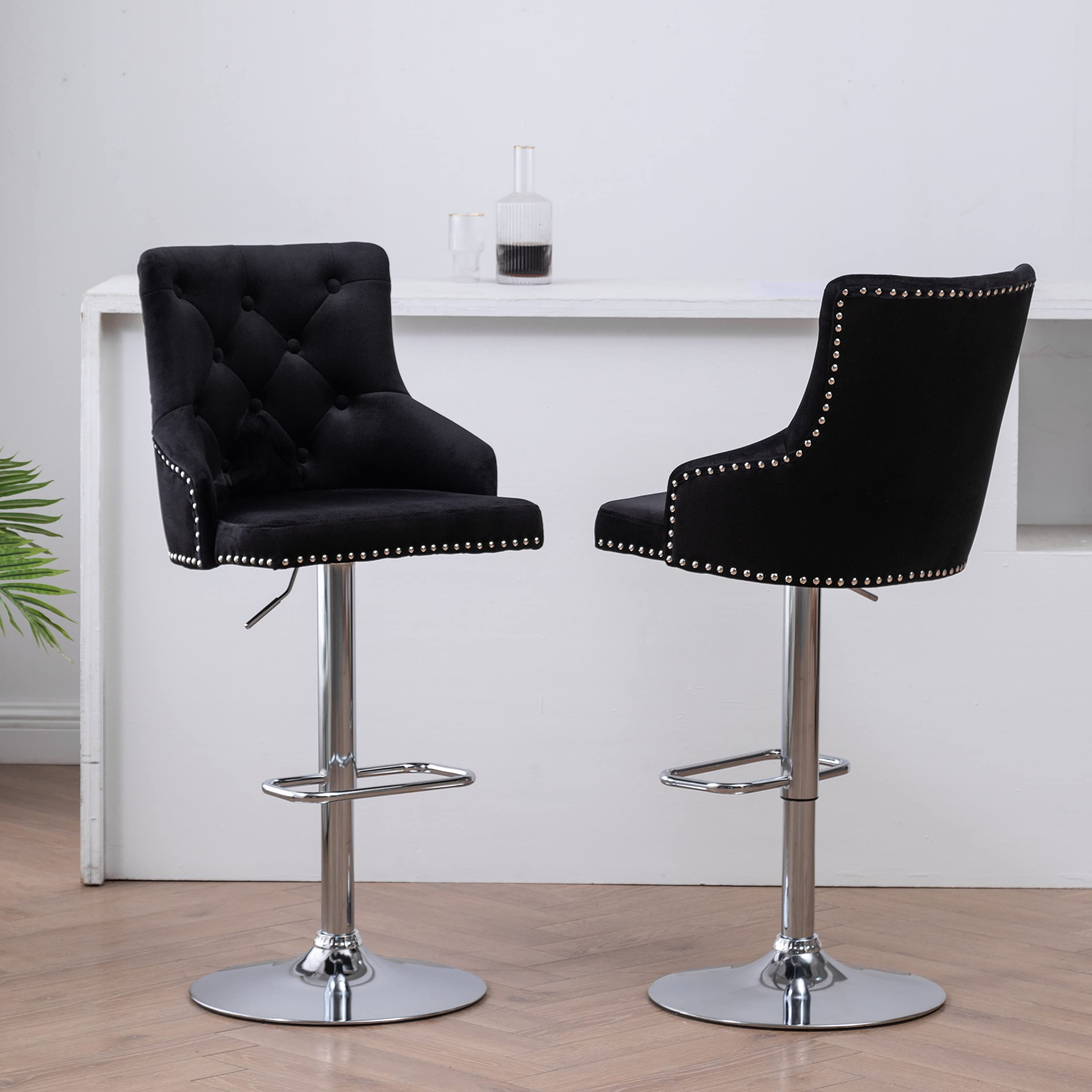 Set di 2 sgabelli da bar in velluto blu con schienale e poggiapiedi regolabili in altezza 63-83 cm ML-Design