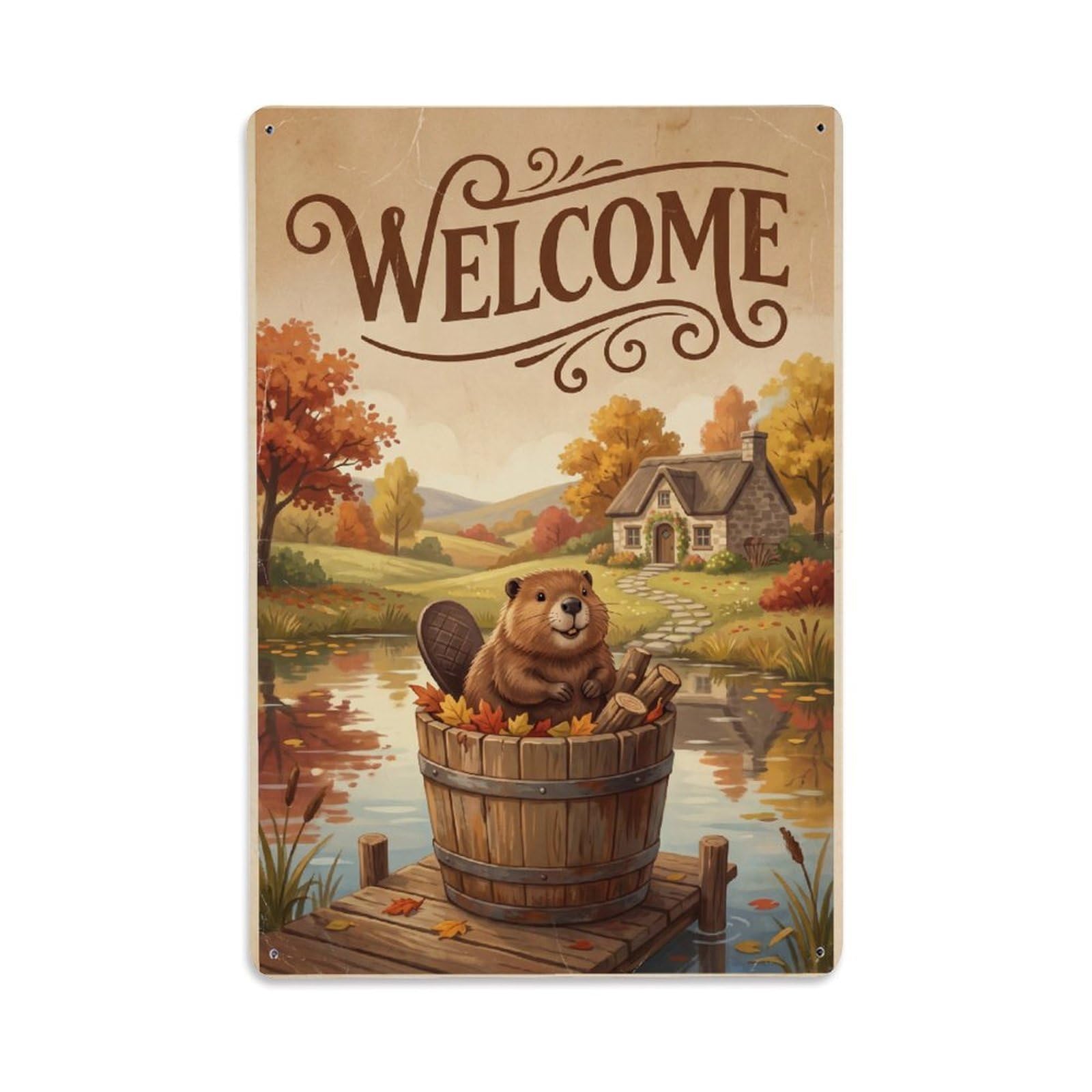 Cxhjca 8X12inch(20X30cm) Vintage Welcome Beaver Harvest Season Metal Tin Sign