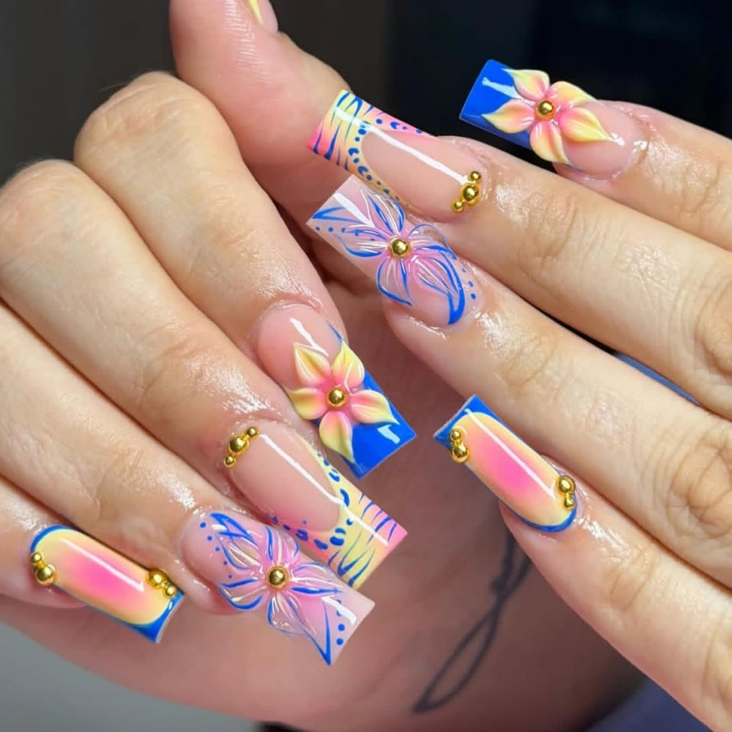3D Flower Press on Tips with French Manicure Gradient Detail