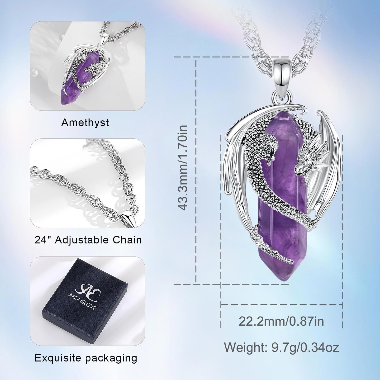 AEONSLOVE Collana Drago Vichingo con Cristallo, Ciondolo Drago con Ossidiana Pietra Occhio di Tigre Collana Ametista Corniola per Uomo Donna Gioielli Cristalli Chakra Regalo Cristalloterapia