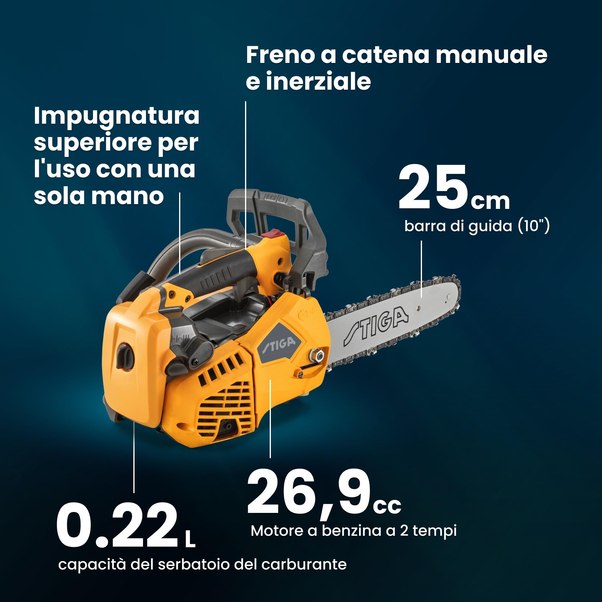 STIGA PR 730 10" Motosega A Benzina, 26.9 cc (0.7 kW), Barra 25 cm – Impugnatura Superiore, Sistema Antivibrazioni – Potatura/Arboricoltura