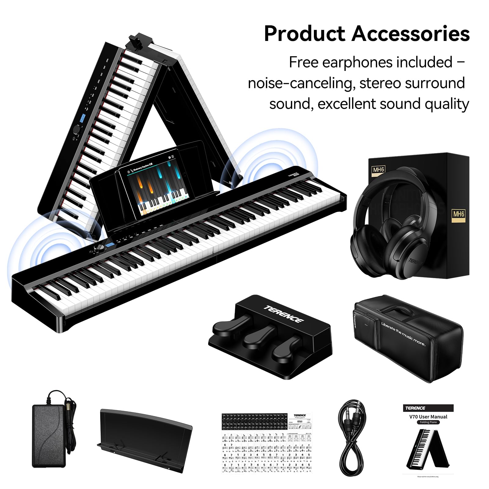 TERENCE V70 Klappbares Digitalpiano E-Piano mit 88 Tasten gewichtete Hammertastatur 4 Lautsprecher 20W+5W*2 kraftvoller Sound Piano Keyboard mit Bluetooth Kopfhöreranschluss inklusive Zubehör,Schwarz