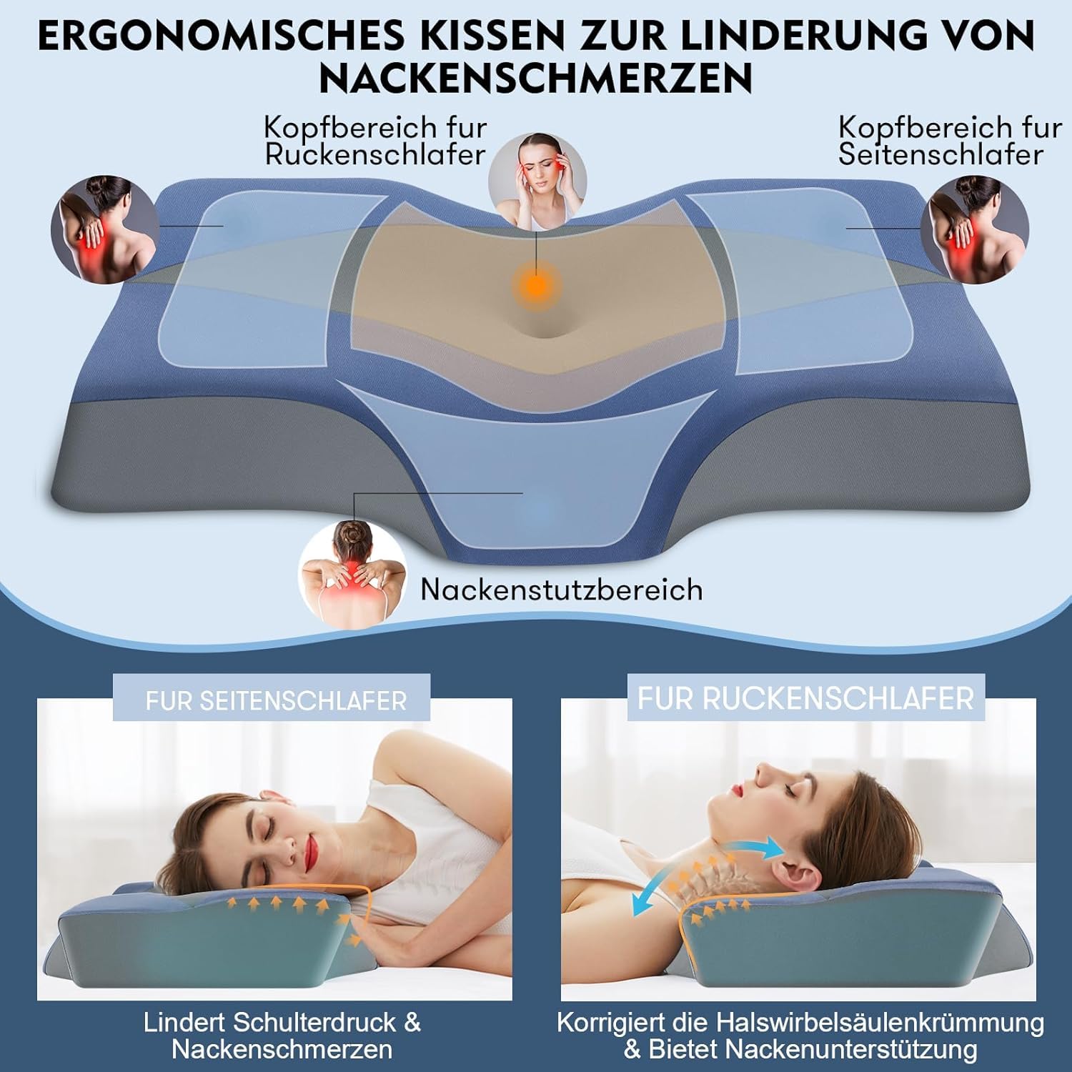 Cuscino per dolori al collo e dolori alle spalle – Cuscino ortopedico per il collo in memory foam a 2 altezze, cuscino ergonomico con fodera rinfrescante e lavabile per chi dorme sul lato e sulla