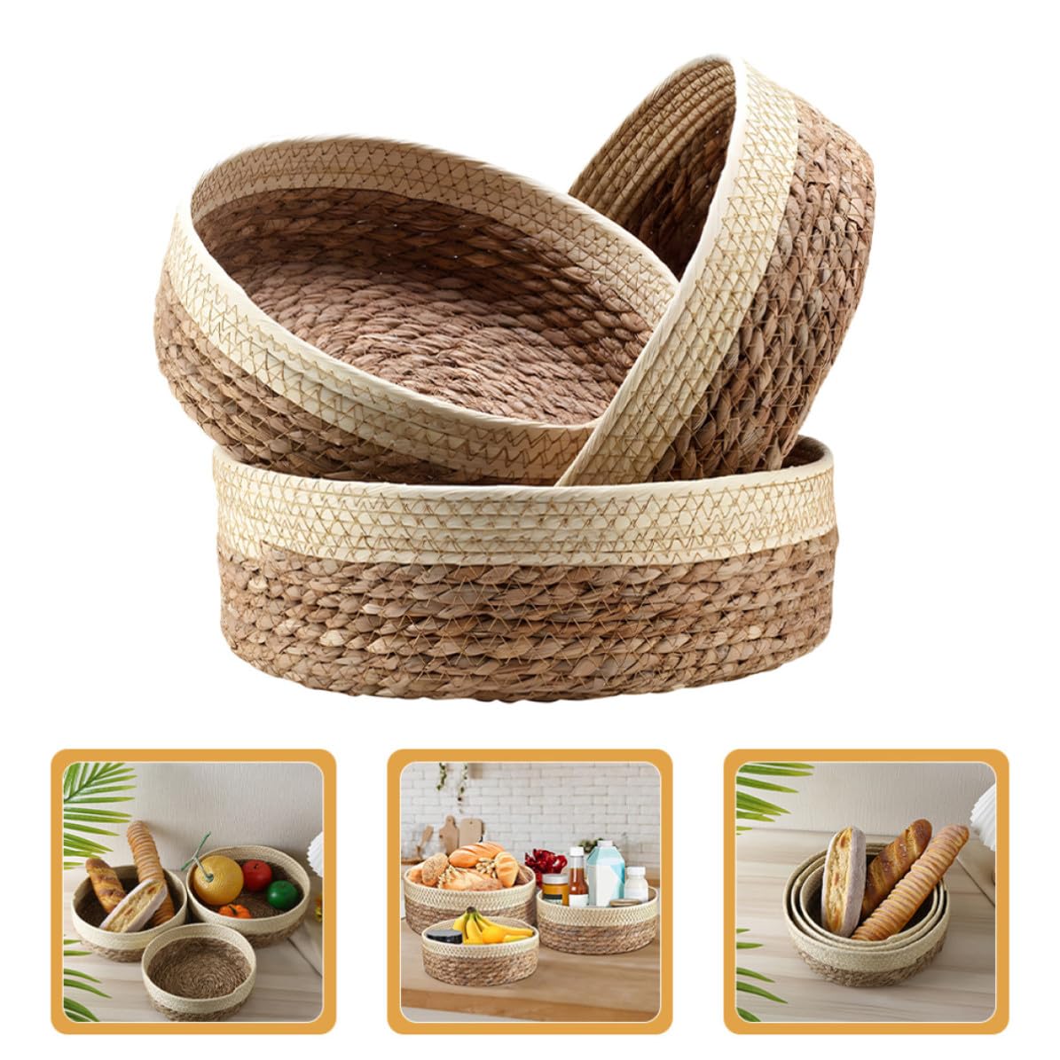 PACKOVE Set 3 Cestini Rotondi Intrecciati in Corda di Carta e Fibra Naturale, Cesti Portaoggetti Resistenti e Decorativi per Snack e Casa, per Picnic All'aperto