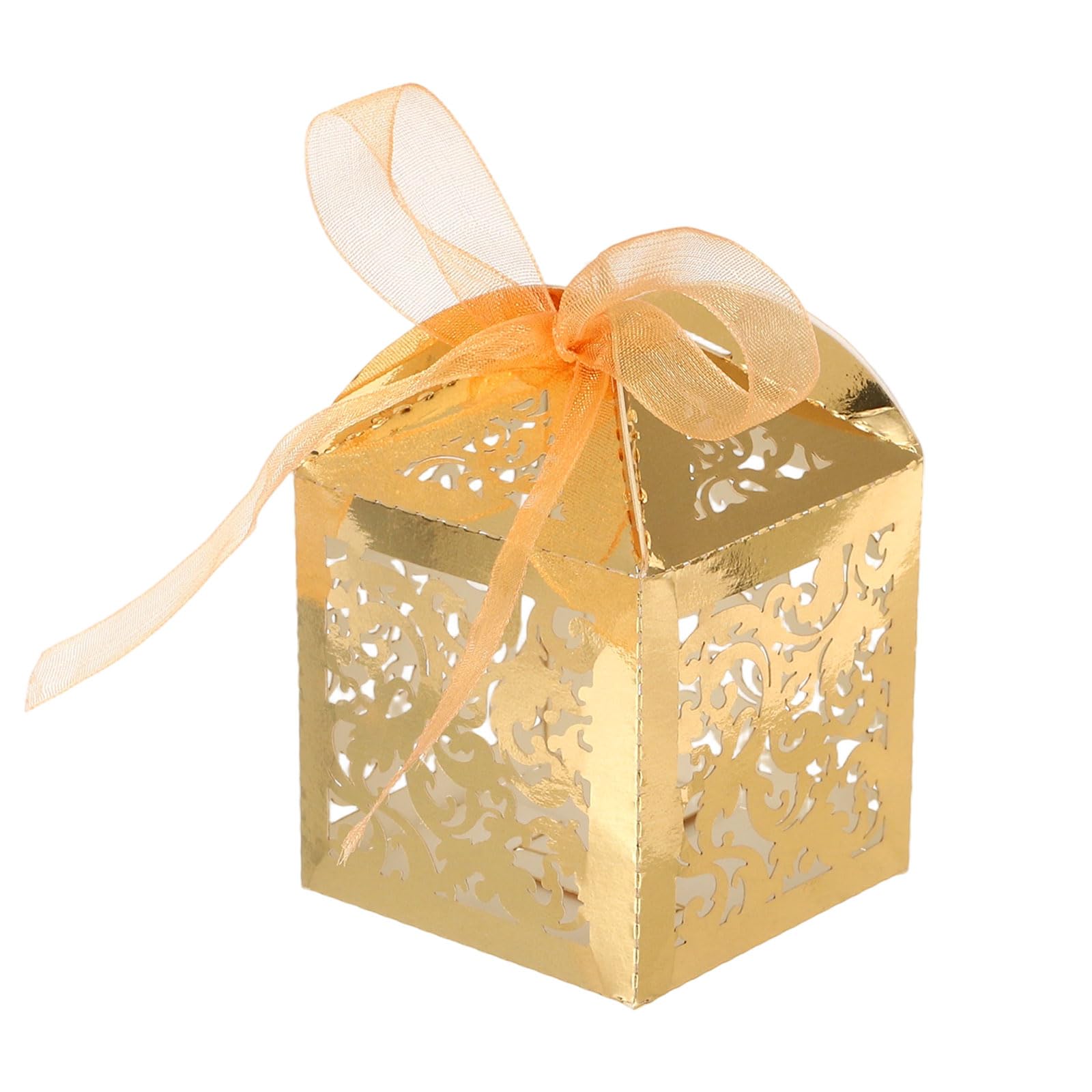 PATIKIL Laser Cut Favor Boxes,(Bright Gold) (50Pcs), Reusable Cute Candy Cookie Gift Boxes with Ribbons for Wedding/Birthday Party/Anniversary/Baby Shower — image 1