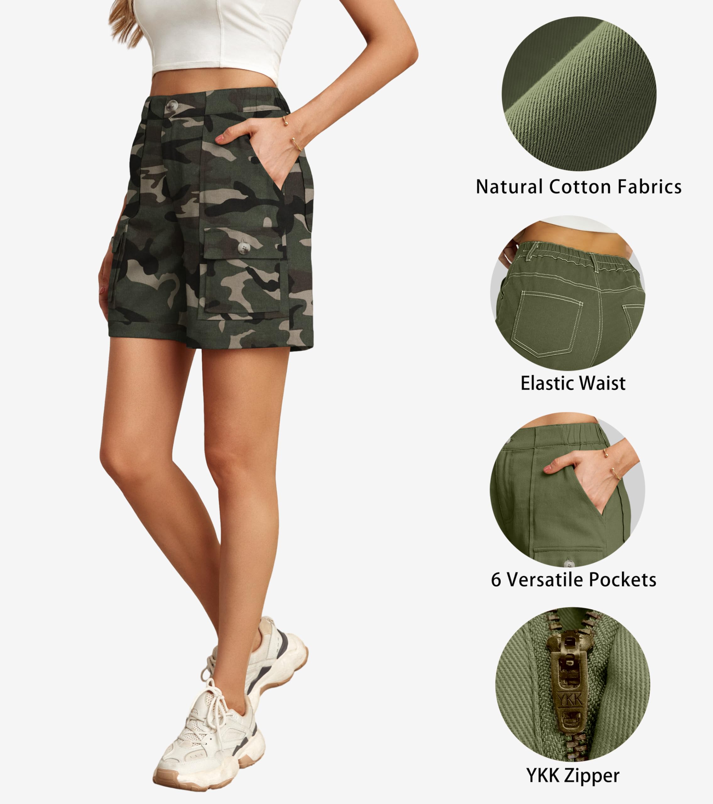 Lepunuo Cargo Shorts for Women Baggy Casual Elastic Waist Shorts Relaxed Fit Stretch Cargo Shorts with 6 Pockets Camouflage Green