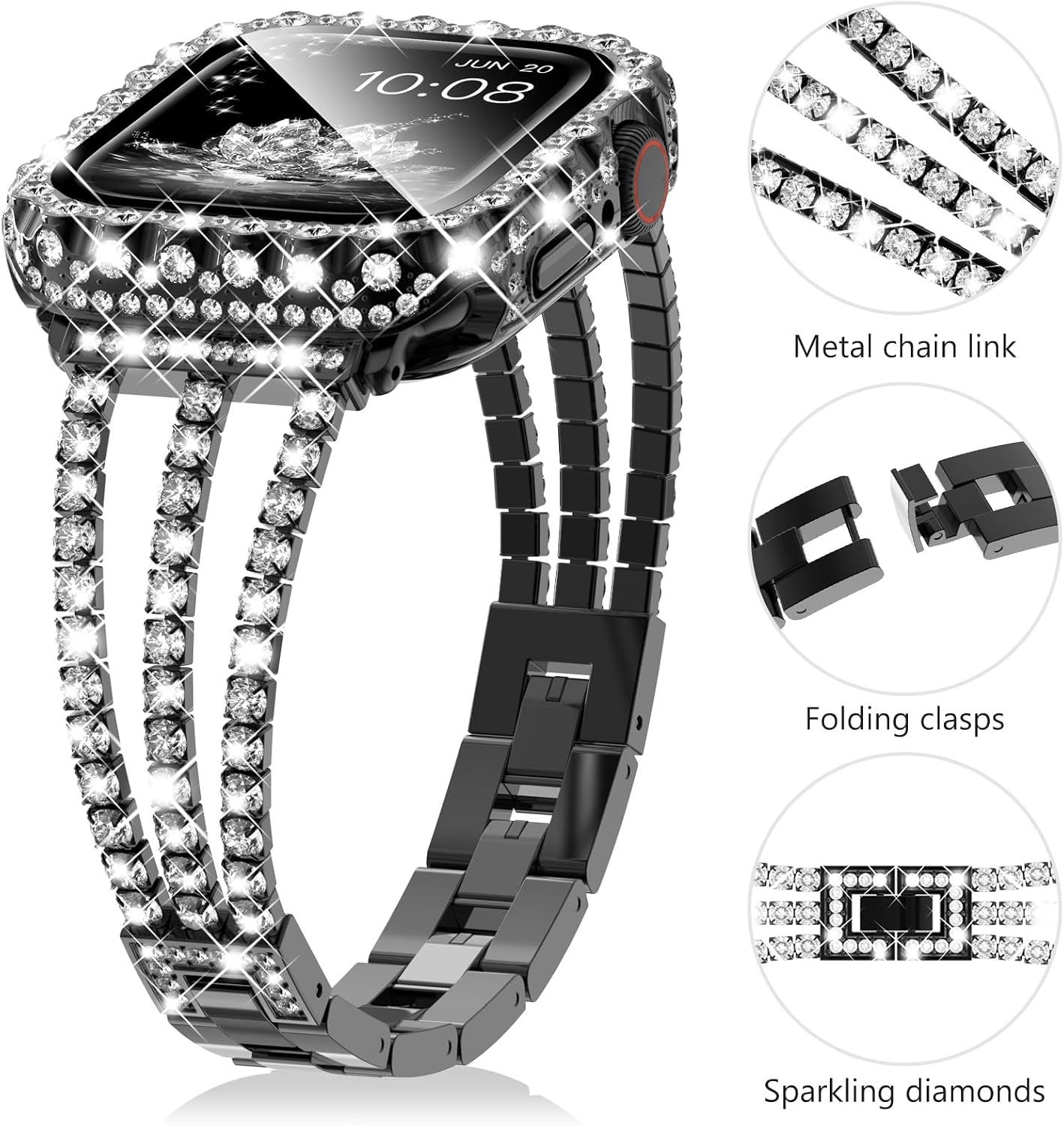 Surace Compatible with Apple Watch Bands 45mm for Women Series 9 8 7, Bling Diamond Rhinestone Link Bracelet with 2 in 1 Waterproof Bling Case Lace Edge Diamond Protective Bumper Face Cover, Black image 4