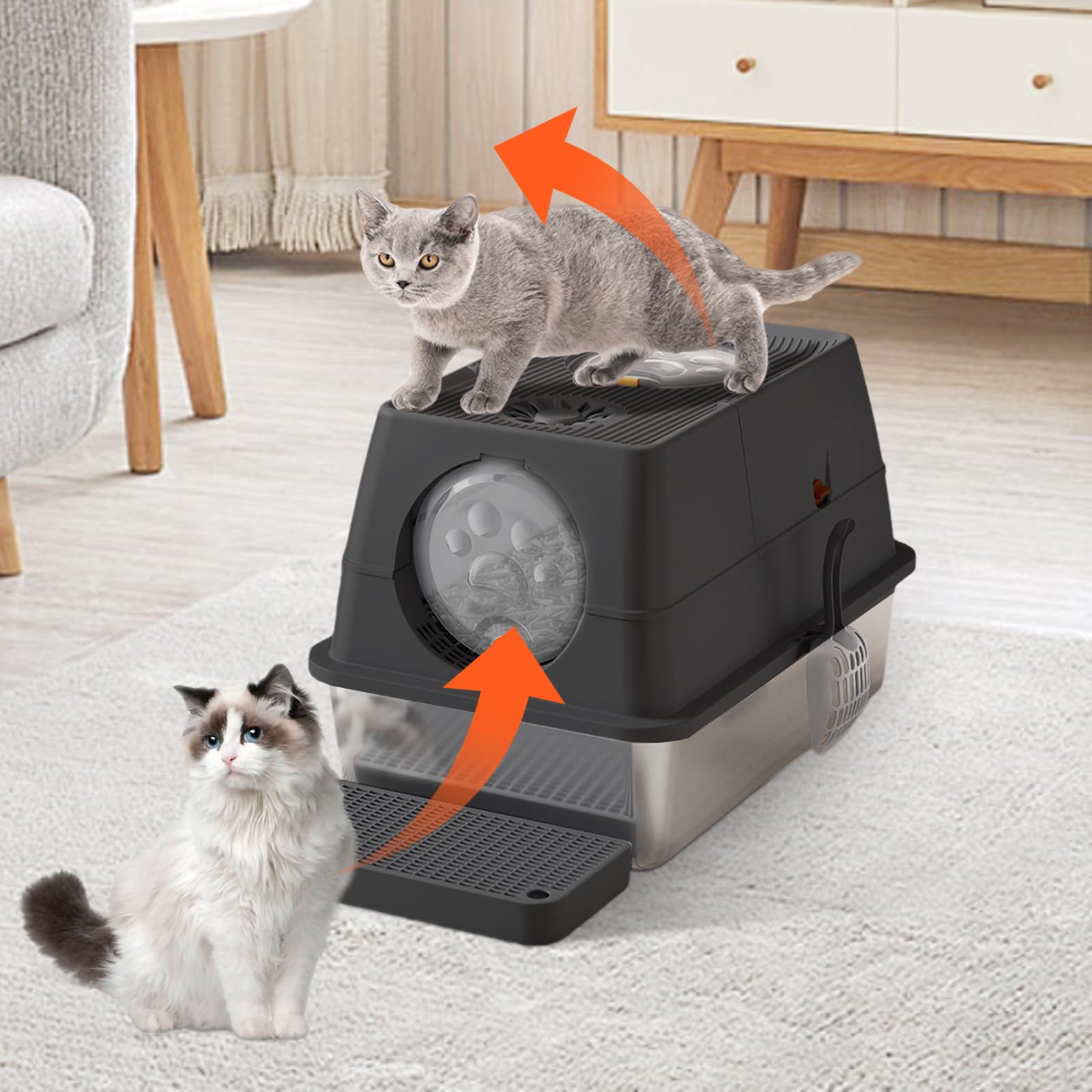 Caja de arena para gatos con acero inoxidable de alta cara con tapa, bandeja de arena de metal cerrada, bandeja de arena grande para gatos con pedal de filtro de arena y pala de arena