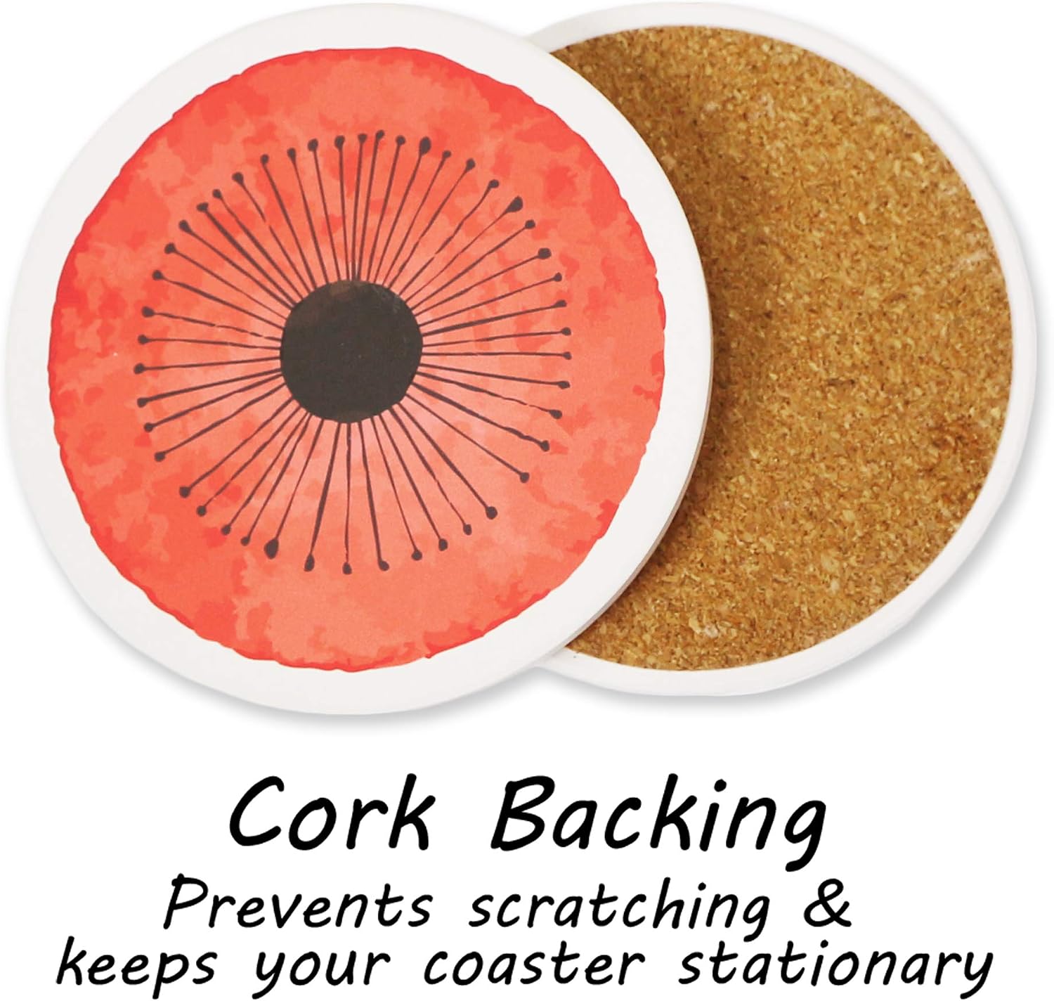 AD Set of 6 Coasters for Drinks Absorbing Round Ceramic Stone Coaster with Cork Base,Tabletop Protection Mat for Mugs and Cups,Office,Kitchen (Coral Watercolor Series)