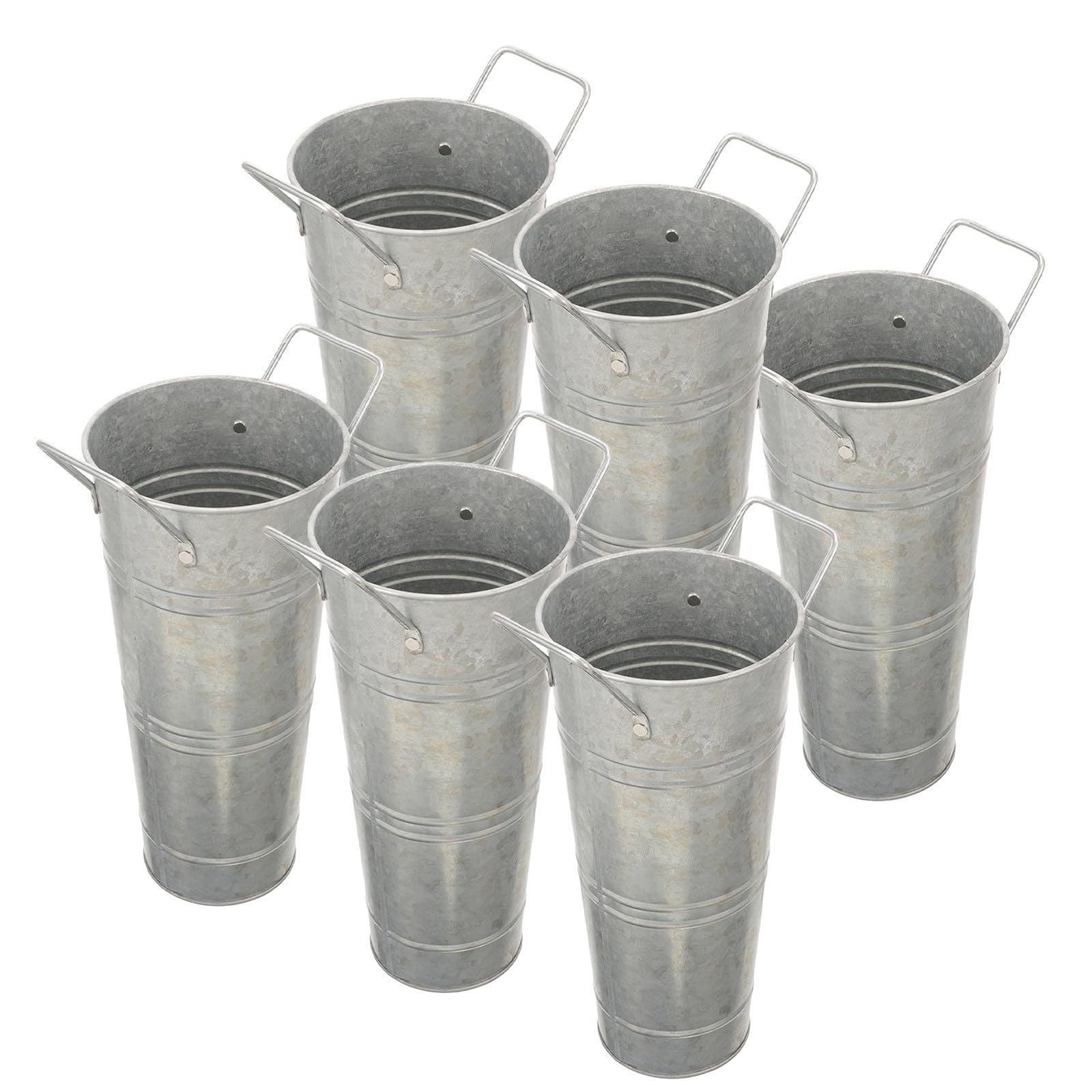 Vases Seaux en Métal Galvanisé Argenté (Set de 6) Style Rustique avec Poignée