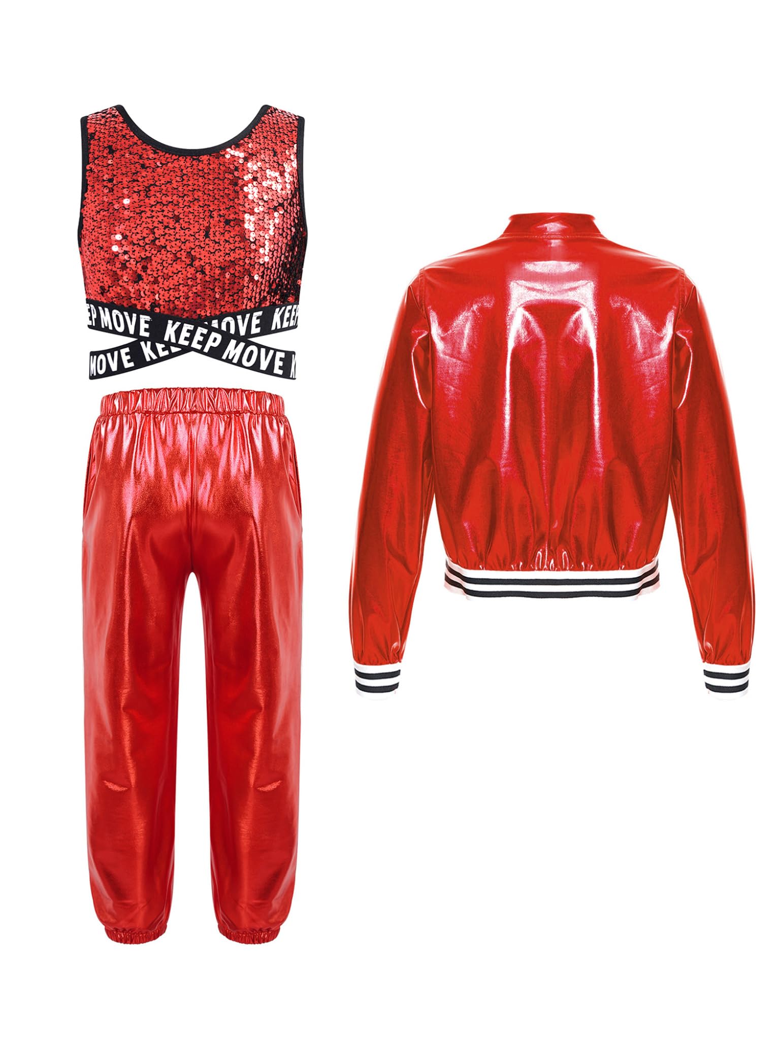 TTAO Kinder Mädchen Metallic Glitzer Tanz Outfit Gymnastik Pailletten Sport Set Jazz Hip Hop Ã„rmellos Crop Top Jacke Jogginghose Tanzbekleidung