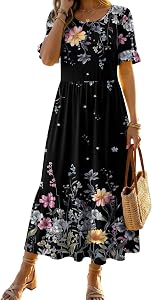 Zeagoo Flowy Dresses for Women Summer Midi Dress Casual Spring Dress 2026 Ruffle Short Sleeve Tiered Sundress, A-Black Floral XL