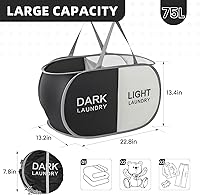Vista 3 de Cesta plegable para la ropa sucia duradera con 2 compartimentos para clasificar y almacenar, cesta portátil para ropa sucia para dormitorio, cuarto