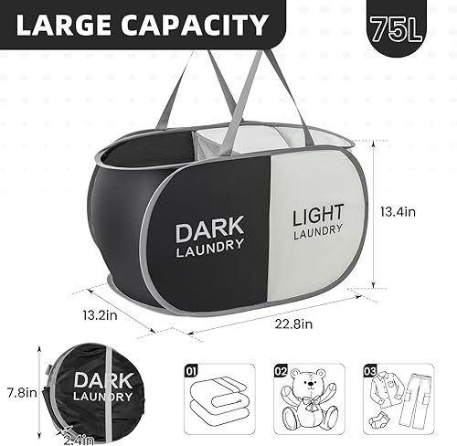 Miniatura 3 de TECHMILLY Cesta de malla desplegable para la ropa sucia con asas fuertes, cestas plegables de gran apertura, portátil y fácil de usar (paquete de 2,