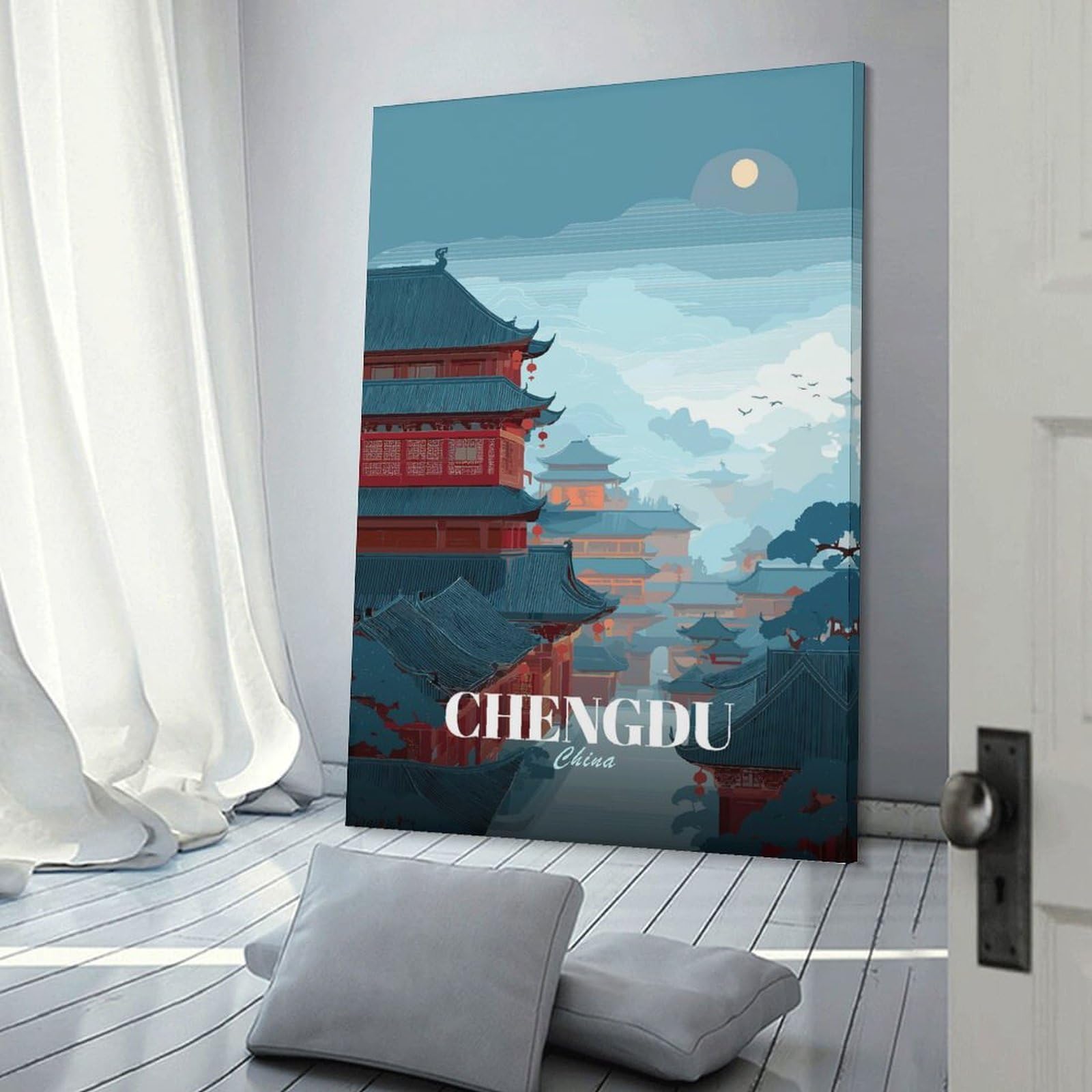 Junmoney Chengdu, China Cityscape Illustration Canvas Art Print 20x30inch(50x75cm), for Feature Walls in Flats Or Modern Rooms, Decorative Artwork with Flexible Styling