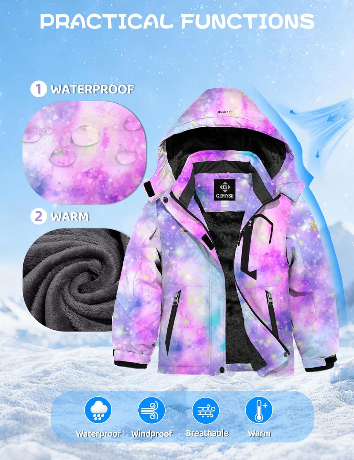 GEMYSE Girl's Waterproof Ski Snow Jacket Fleece Windproof Winter Jacket with Hood