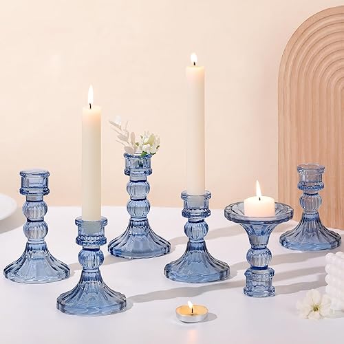 DARJEN Juego de 6 portavelas azules - 10 cm y 13 cm de altura, portavelas de vidrio a rayas para bodas, festivales, fiestas, centro de mesa, regalos