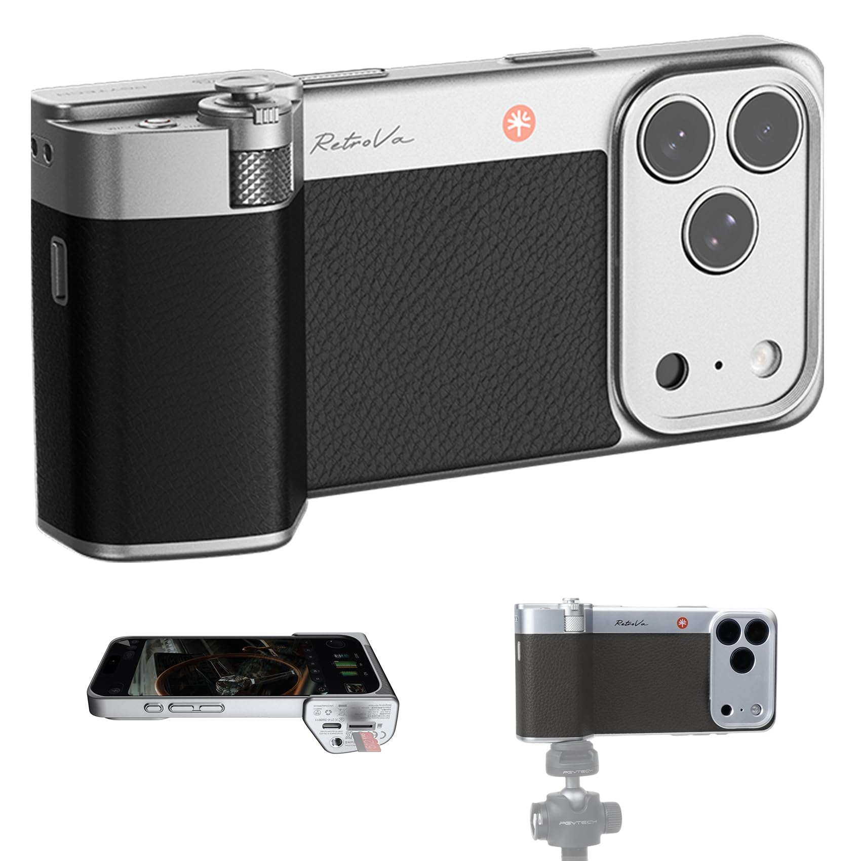 PGYTECH Kit Impugnatura RetroVa per iPhone 17 Pro Max, con Custodia Vintage, Impugnatura Bluetooth per Smartphone, Slot MicroSD, Filettatura 1/4"-20, Controlli Fisici e Integrazione App
