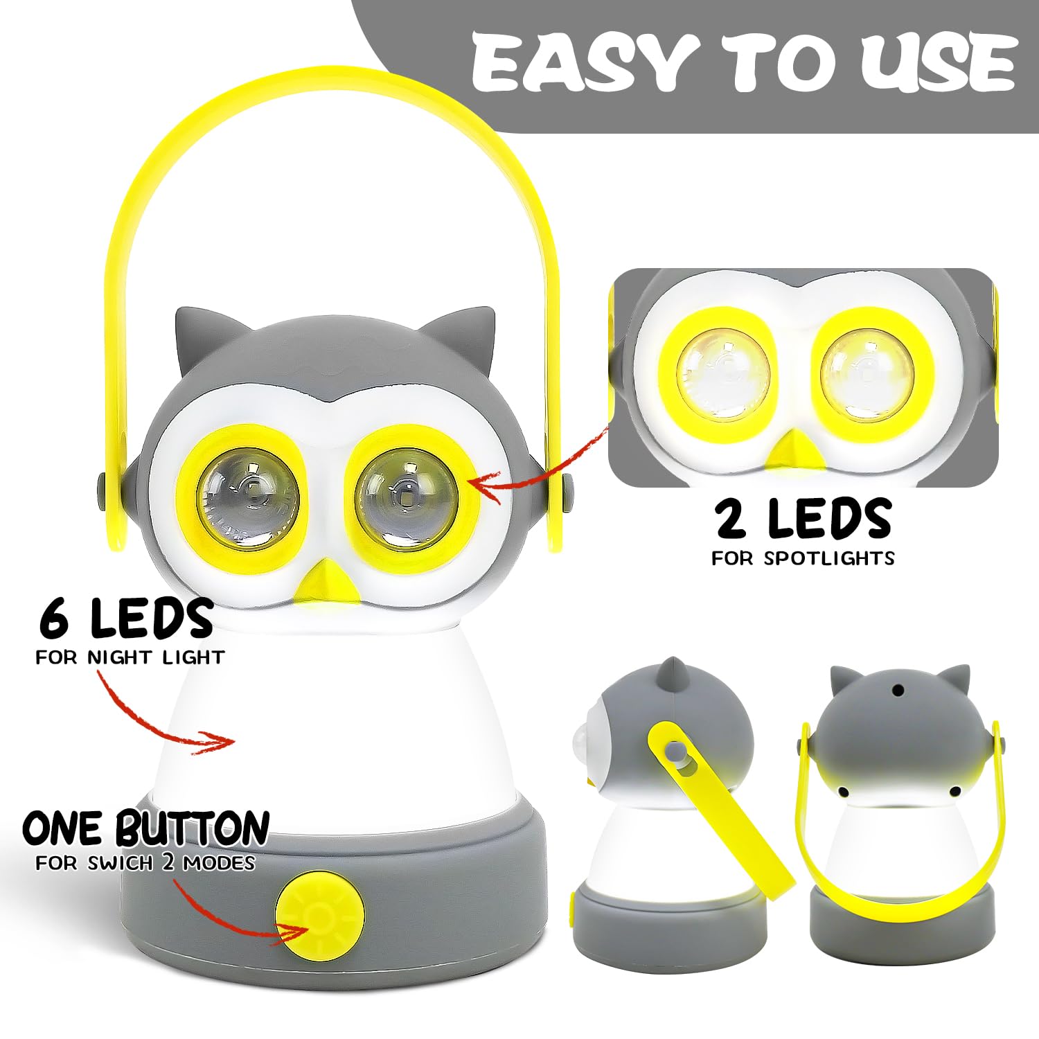 Portable LED Camping Lantern, Head Lamp Kit, Lightweight Battery Powered LED Flashlight for Indoor Outdoor, Kids Camping Gear Gift for Children's Day, Birthday, Easter, Adventure(Owl Set)