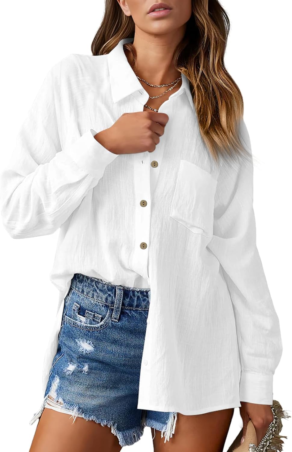 Lightweight Cotton Linen Button Down Blouse in White