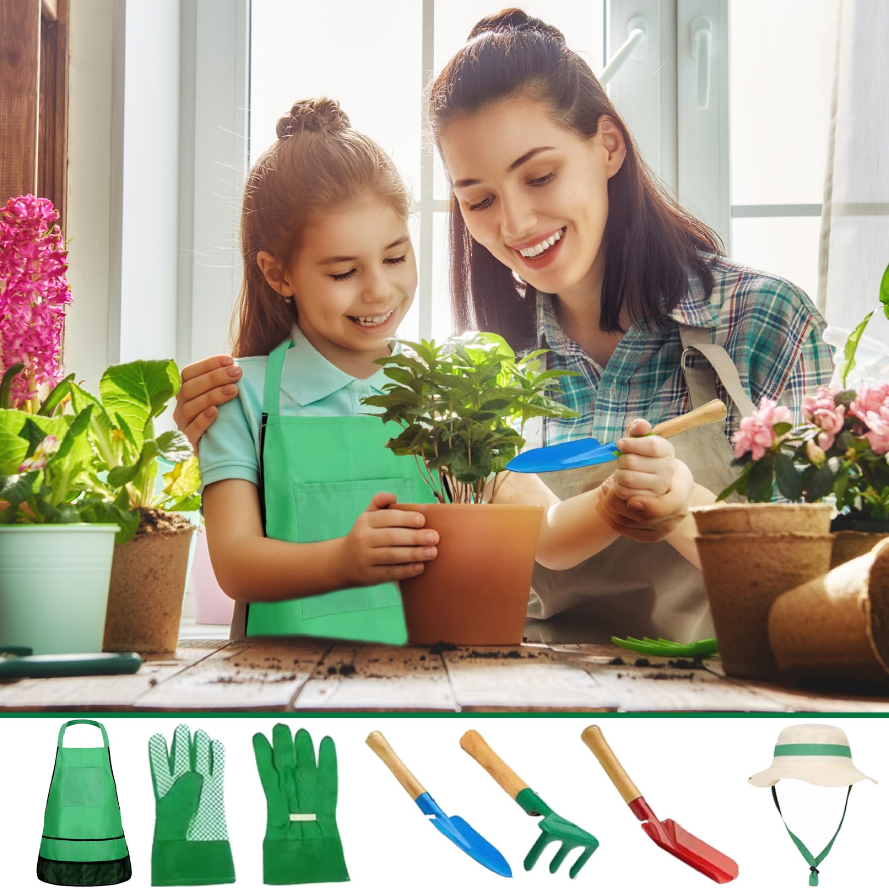Juego de jardinería para niños pequeños, Juego de jardinería para niños 7pcs con Sombrero de Sol, Delantal, Guantes y Herramientas de jardín, Kit para para para