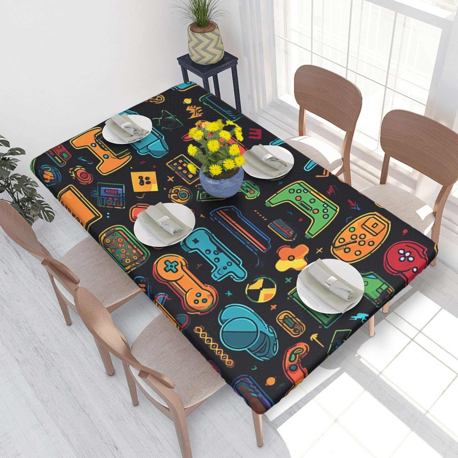 DCARSETCV Game Video Gaming Pattern Printed 4FT Waterproof Tablecloth with Elastic Edged Protect & Decor Your Table, Oil-proof Washable Table Cloth Cover for Dinner Picnic Party