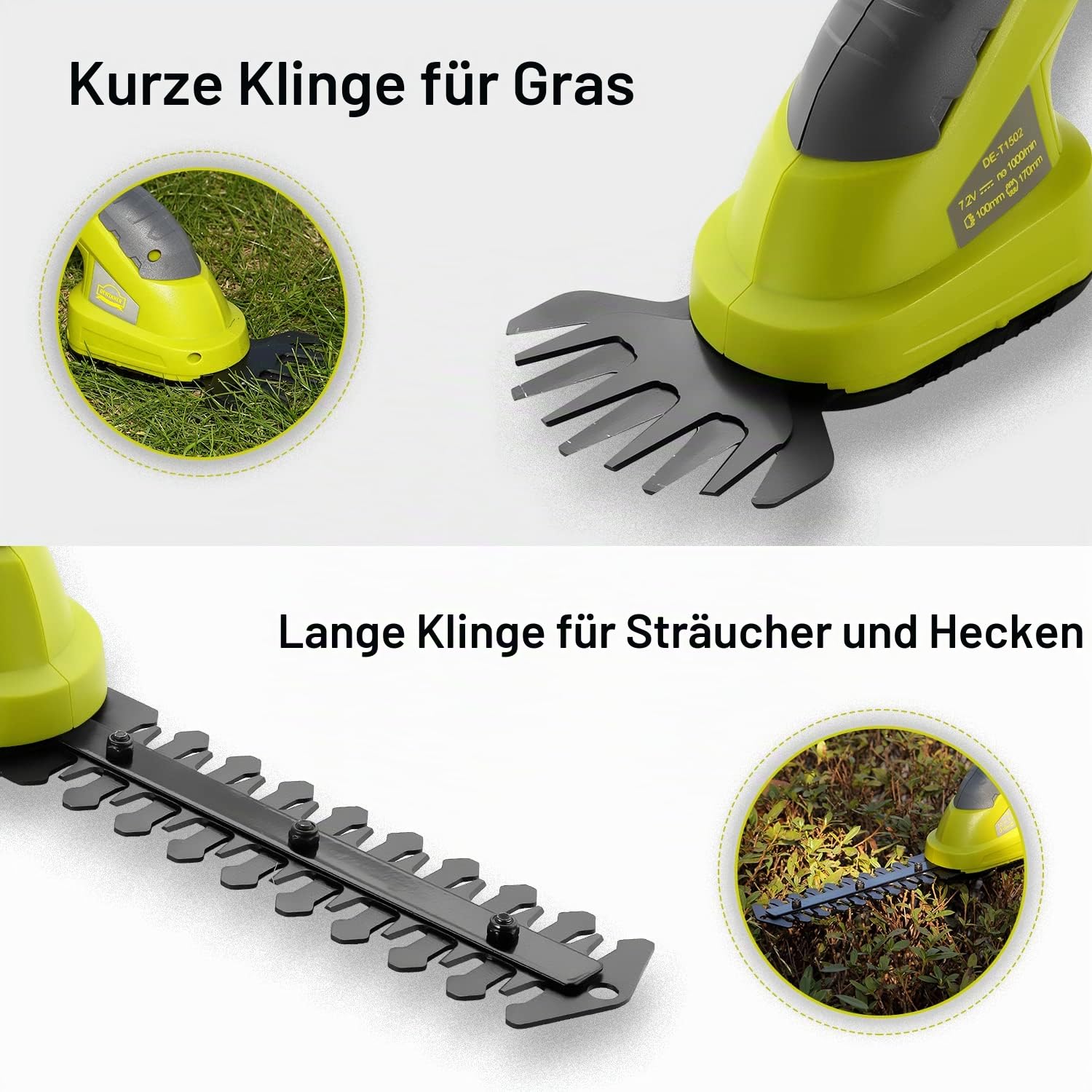 DEWINNER Akku Gras- und Strauchschere, 7,2 V 1,5 Ah Lithium, 170 mm Schnittlänge,Messerabstand 100 mm,Strauchschere Grasschere