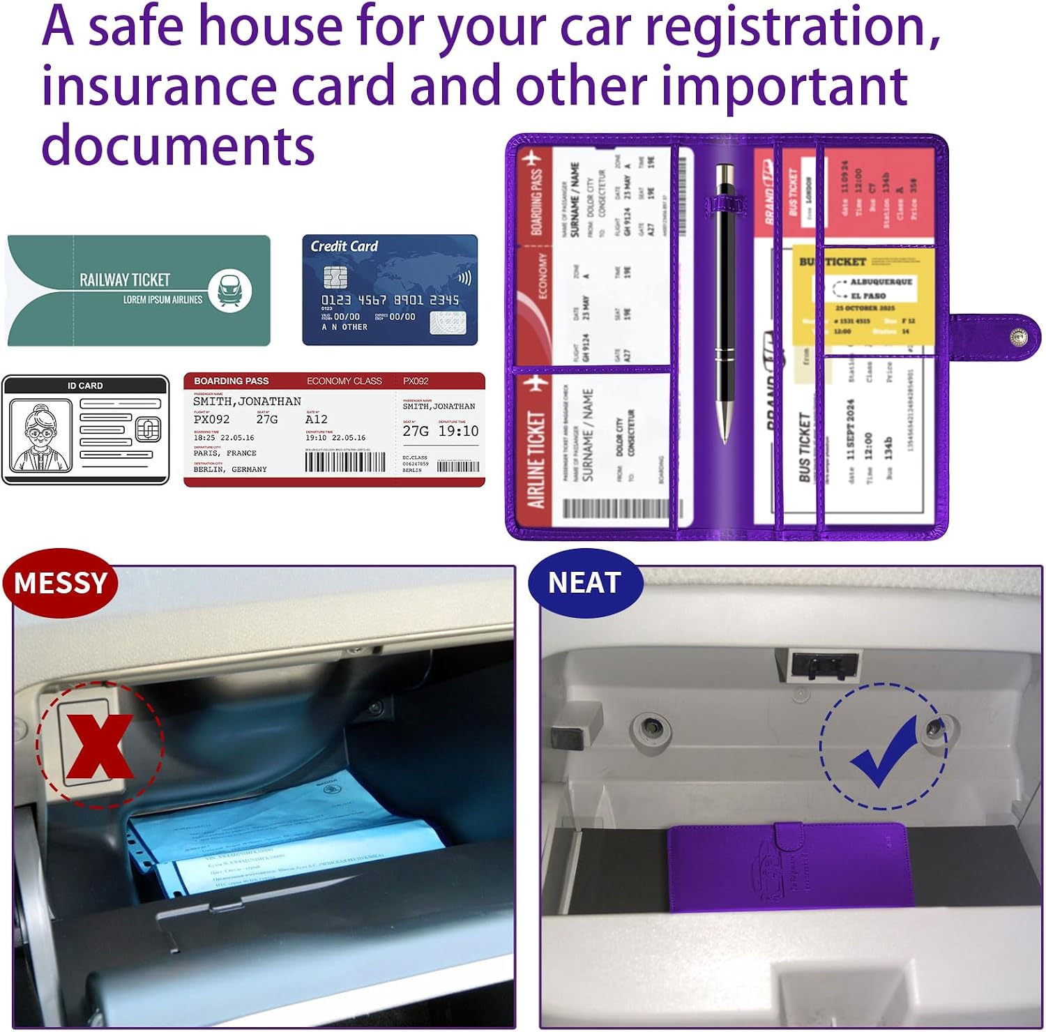Car Registration and Insurance Card Holder with Magnetic Closure, Leather Vehicle Glove Box Automobile Documents Paperwork Wallet Case Organizer for ID, Driver's License, Key Contact Information Cards
