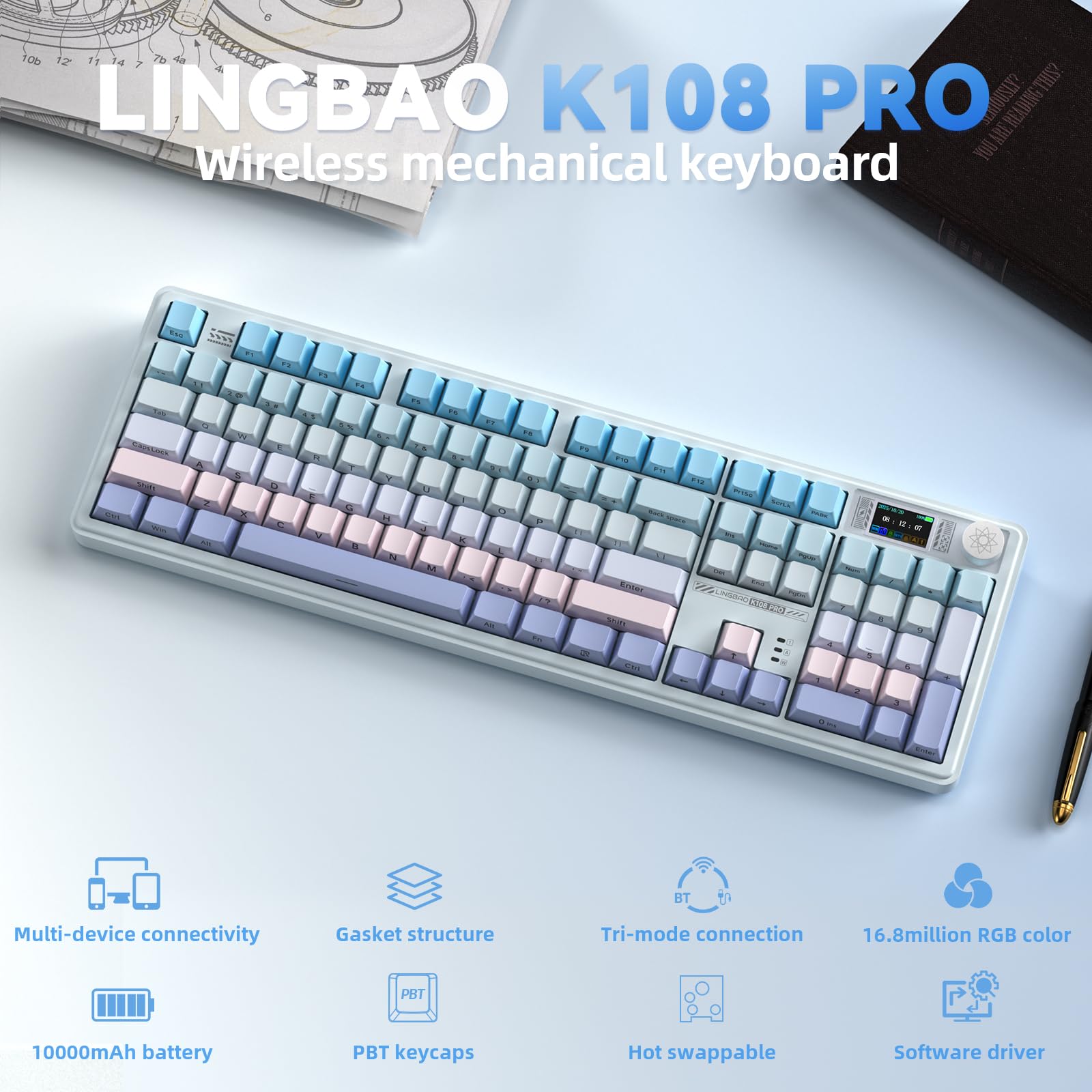LINGBAO K108 Pro Tastiera meccanica wireless con schermo e manopola, tastiera cremosa sostituibile a caldo di dimensioni standard, batteria da 10000 mAh, tastiera PBT stampata laterale