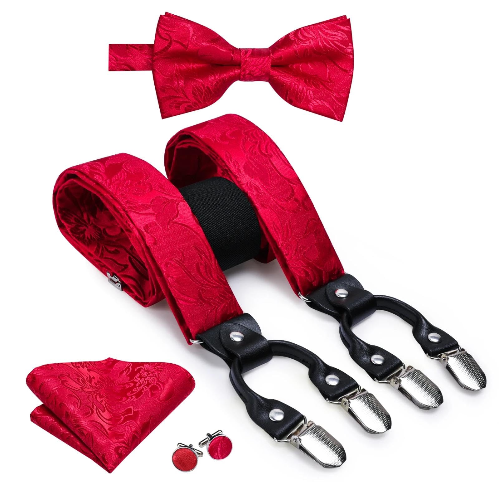 Hosenträger Suspender Herren-Hosenträger-Set Mit Fliege Und Manschettenknöpfen 6 Clips Für Männer Vintage-Hosenträger Blumenmuster Verstellbar