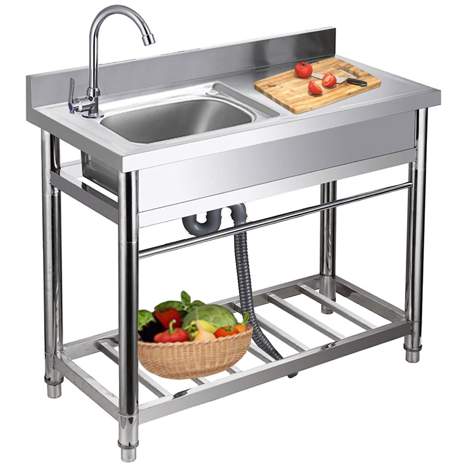 LMYSXAOZ Free Standing Utility Sink 304 Stainless Steel Commercial Kitchen Set with Workbench, Single Bowl Washing Hand Basin
