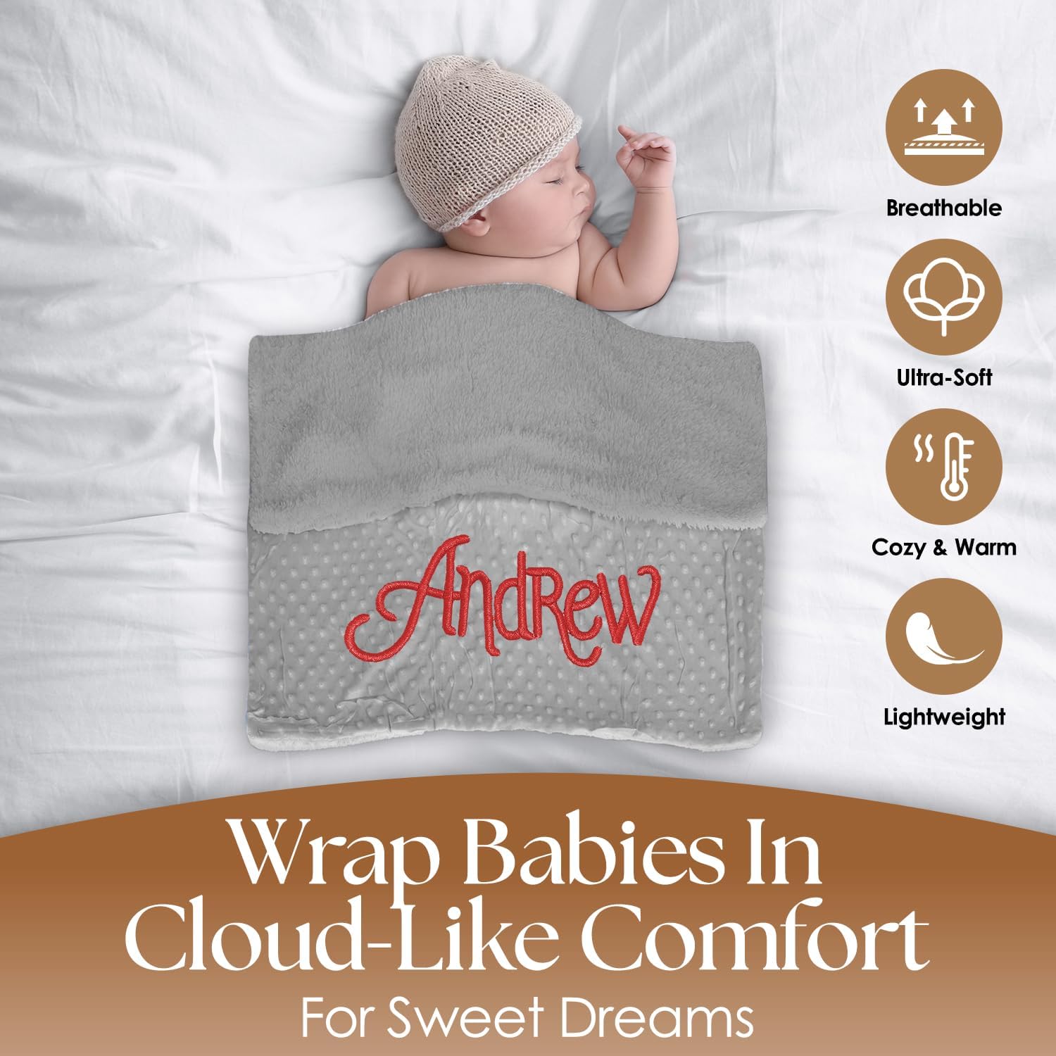 Personalized Newborn Swaddle Blanket with Name & Date - Gender Neutral Essentials for Newborn, Soft and Comfy Receiving Blanket, for New Parents - Blue, 40x27 (Taupe)