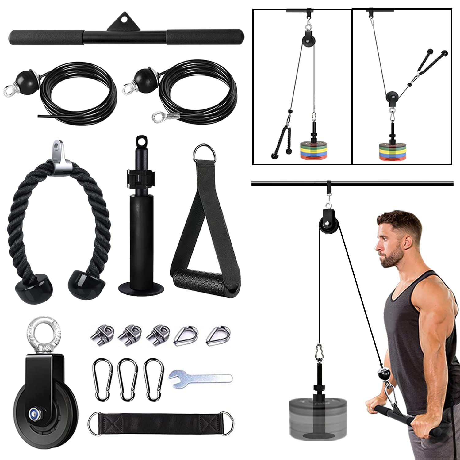 Weight Pulley System Gym, 3 in 1 Adjustable Pulley Cable Machine LAT Pull Down Attachments for Triceps, Arm Strength Training, Curl, Back and Forearm - Home Gym Equipment