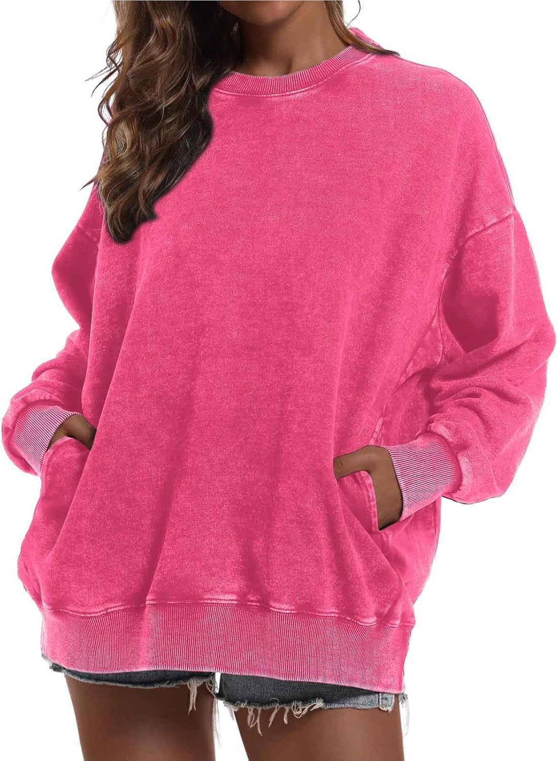 BINTEHGS Oversized Sweatshirt for Women Loose Fit Cotton Pullover Vintage Crew Neck Sweatshirts with Pocket Long Sleeve Shirt