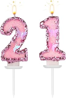 Girls Birthday Number 21 Candles, 2.95in Glitter Butterfly Happy Birthday Cake Toppers Pink Sequins Wedding Numeral Cupcake Decorations for Anniversary Celebration Party Supplies (21th)