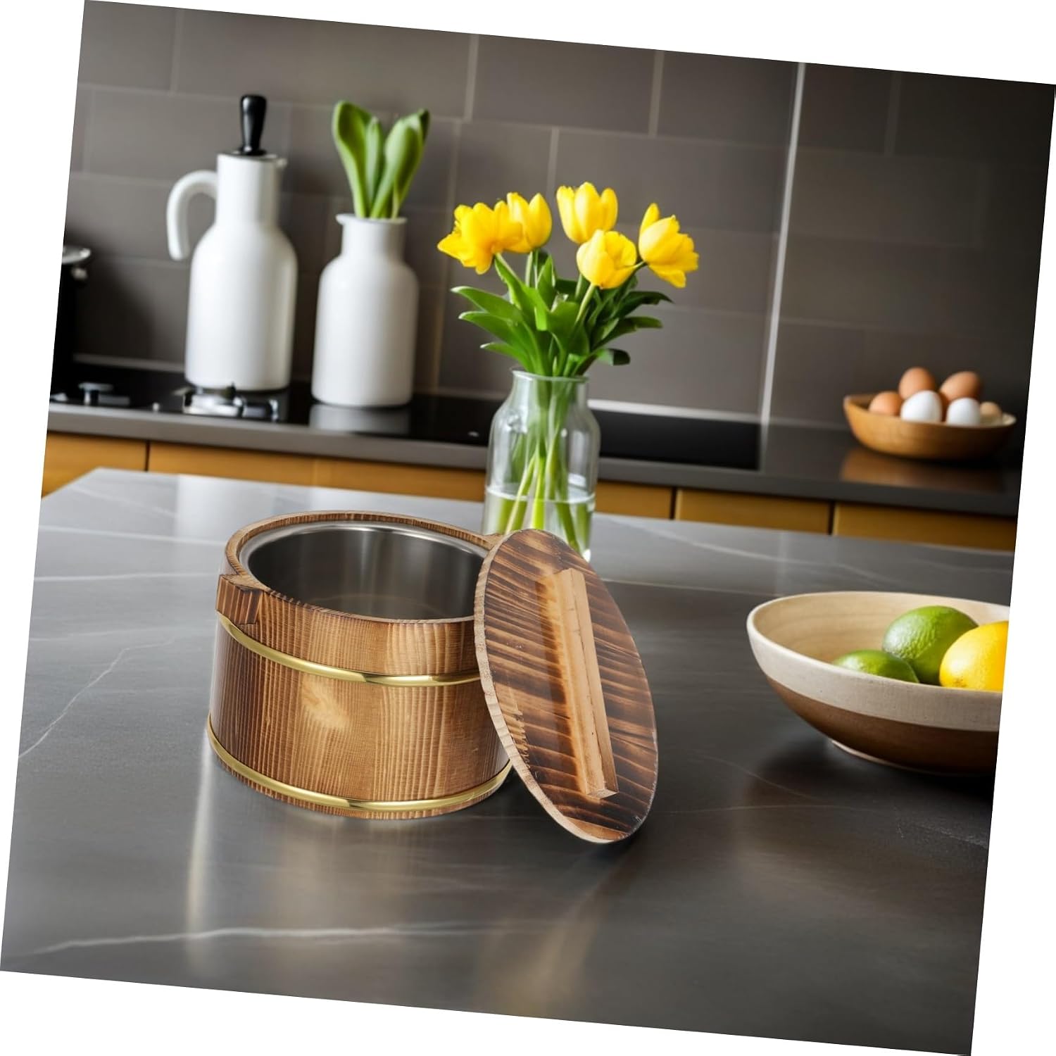 Alipis Creative Wooden Bucket Rice Bowl with Lid for Sushi Serving