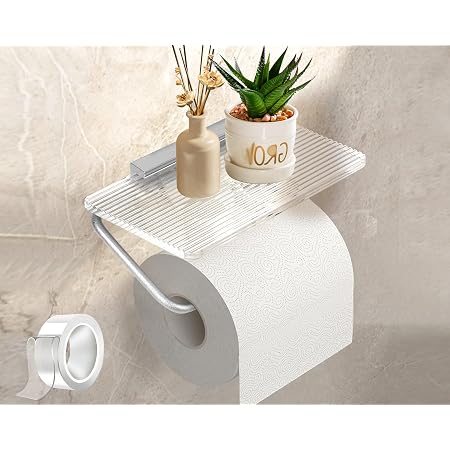 Adhesive Toilet Paper Holder with Shelf, Acrylic Toilet Paper Roll Holder, Clear