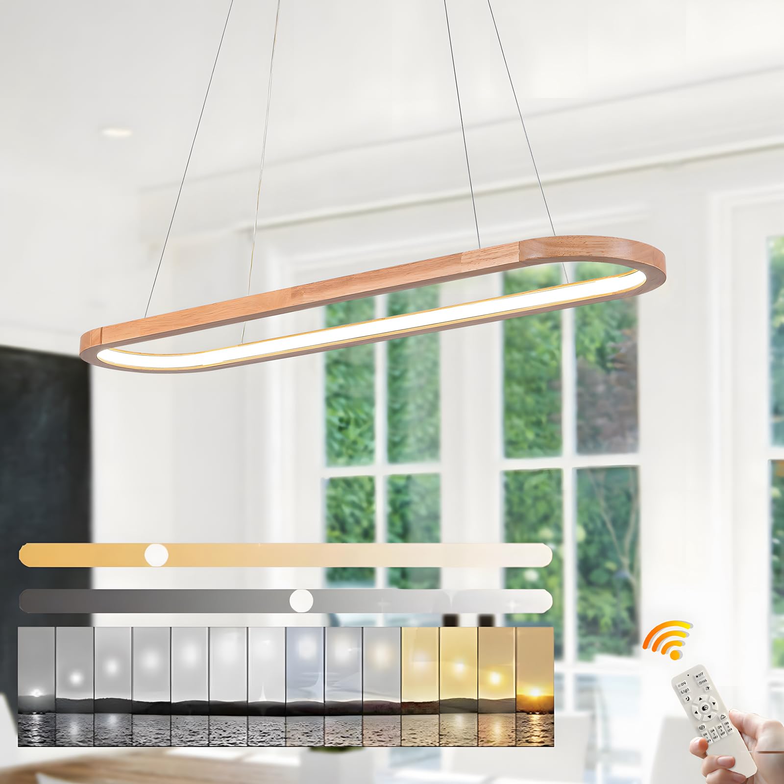 Wood LED Kronleuchter Deckenleuchte, Dimmbare Ovale Ring Holzbeleuchtung, 3000-6000K, Einstellbare Kreis Anhängerlampe, Kücheninsel Esszimmer Wohnzimmer Foyer Hängen【70cm】