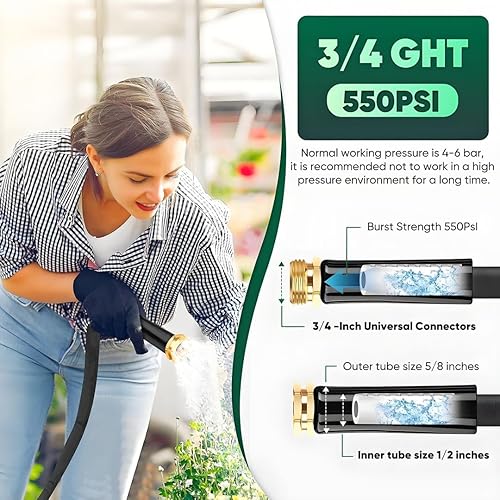 Miniatura 4 de Manguera de jardín de 50 pies, no expandible, ligera y flexible, manguera de agua negra con boquilla rociadora de 8 funciones, accesorios de latón a