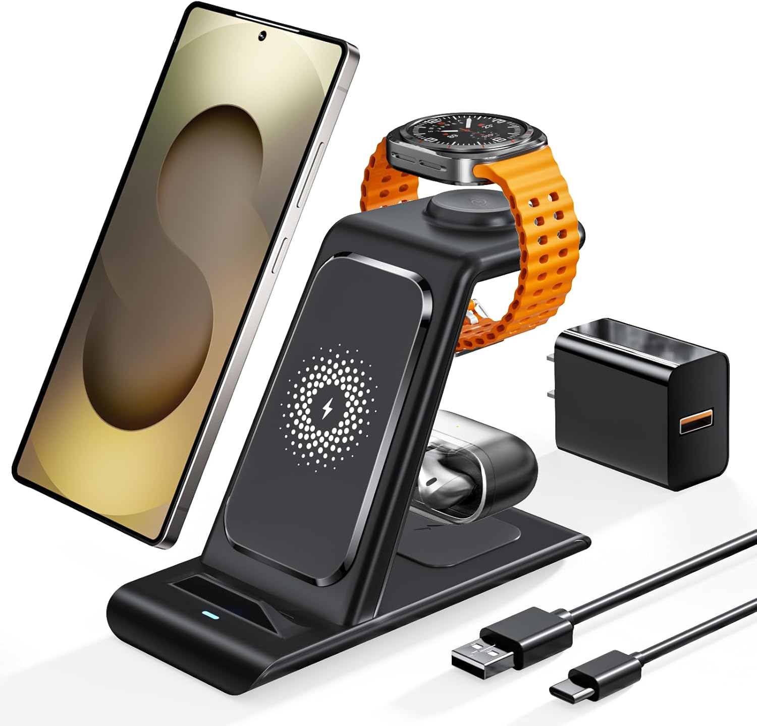 Wireless Charging Station for Samsung Wireless Charger Galaxy Watch 8/7/6/5/4/3 Active 2/1 Stand Galaxy S25 Ultra/S25/S24/S23/S22/S21/Note20/10 Z Fold Flip 7 Galaxy Buds3/2 Pro/Live Multiple Devices Black