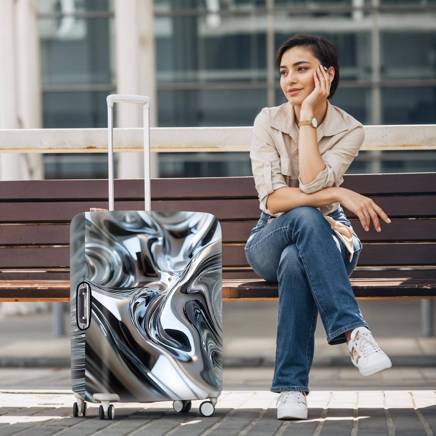 Silver Abstract Pattern Luggage Cover – Stretchable Suitcase Protector with Black Wave Design, Fits 32-34 Inch Luggage – Stylish, Durable, Scratch-Resistant Travel Sleeve,XL