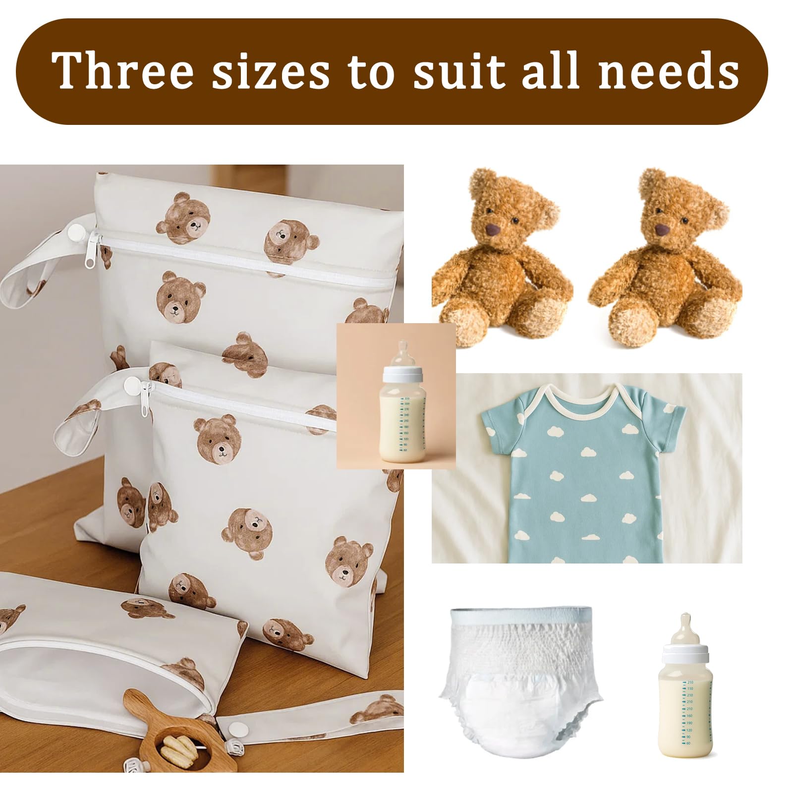 3 Pcs Bear Pattern Nappy Bags, Waterproof Wet Bag Organiser for Swimming Travel Storage - Image 4