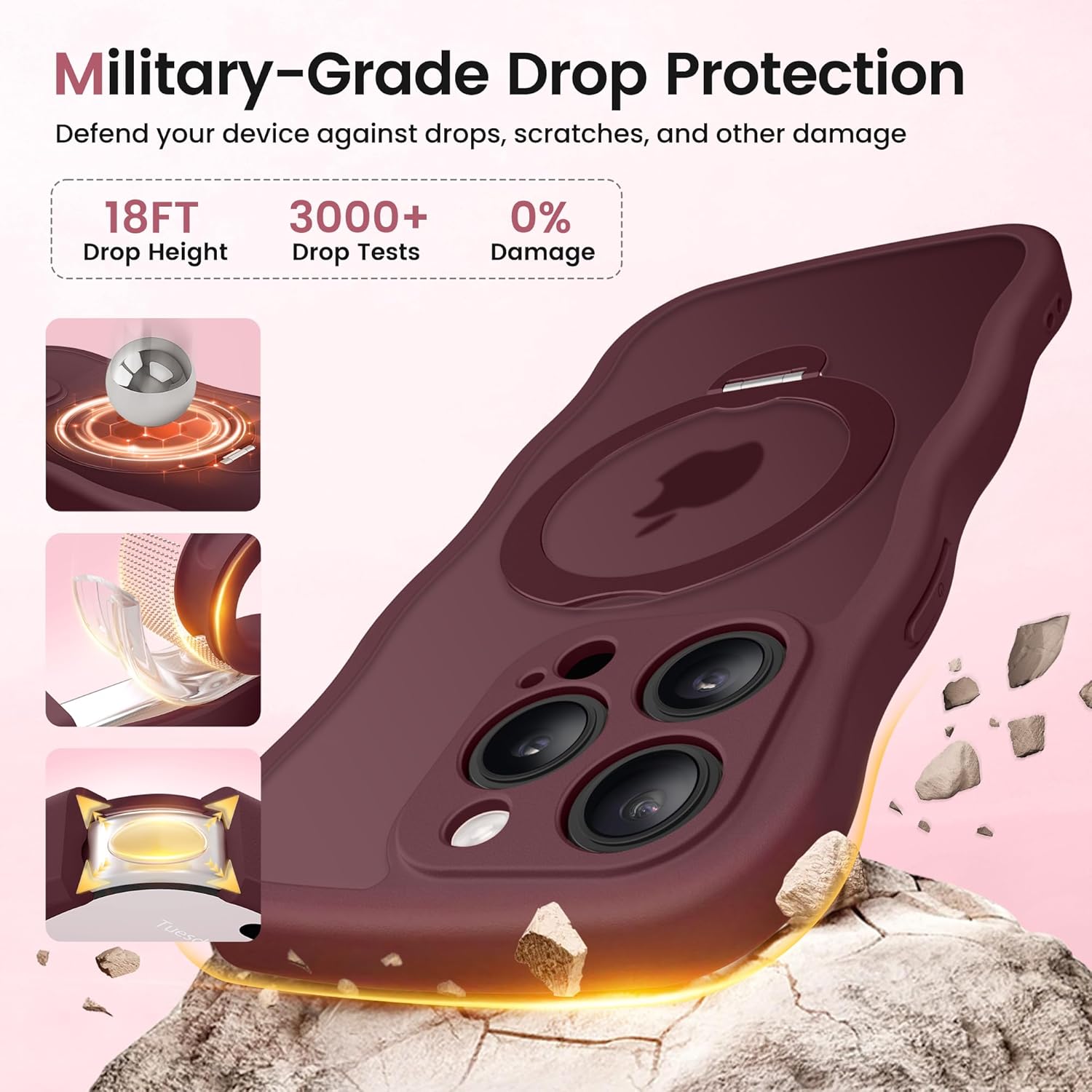CAPRARO for iPhone 15 Pro Max Case with 360° Spin Magnetic Stand for Women, [Compatible with MagSafe] [Full Camera Protection] Cute Wave Translucent Matte Case for iPhone 15 Pro Max, Wine Red - Image 6