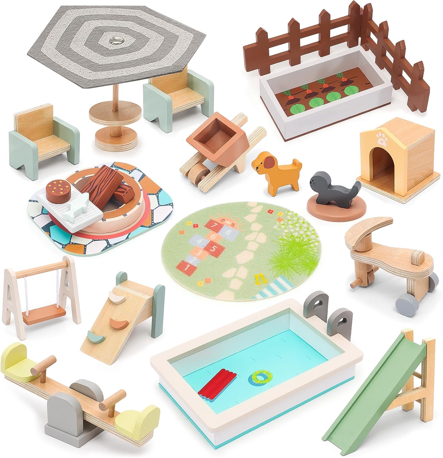 Wooden Doll House Furniture and Accessories Outdoor Play Set for Kids- Includes Slide, Swing, BBQ Grill, Pool & Garden - Perfect Doll House Decor Gift for Children 3-6 Years Birthday Christmas